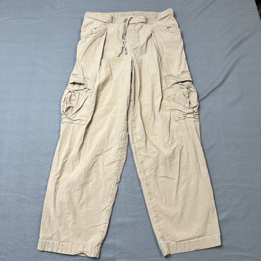 Athleta Cargo Pants Women's Medium Tan Linen Blend High-Rise Wide Leg Drawstring